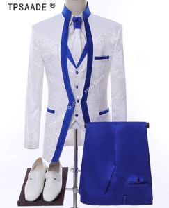 Suits Beyaz Kraliyet Mavi Blazer Pantolonlar Erkekler İçin Jant Sahne Giysileri Takım Set Erkek Smokedo Damat Düğün Resmi Giyim 3 PCS Ceket+Pantolon+Yelek