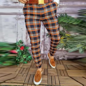 Calças masculinas elegantes moda xadrez impressão vestido calças casuais leve elástico primavera e outono novo ajuste fino terno calças