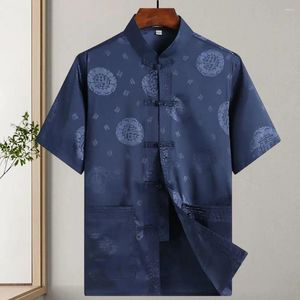 Мужские повседневные рубашки, мужские топы в китайском стиле с воротником-стойкой, годичная традиционная рубашка Тан, однобортный с коротким рукавом, с принтом персонажей фу