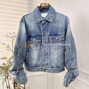 Jaqueta de decoração de corrente feminina jaqueta jeans lapela pescoço azul casaco estilo rua jean outerwear