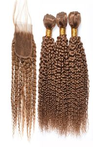 Mel loira kinky encaracolado cabelo humano tecer pacotes com fechamento puro 27 kinky encaracolado cabelo virgem brasileiro 3 pacotes com 44 rendas 2285504