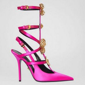 Tasarımcı Elbise Ayakkabı saten yay pompaları gladyatör sandaletler dairesel toka dekorasyon ayak bileği kayış stiletto topuk ayakkabı 11cm kadın lüks parti akşam ayakkabıları Bos