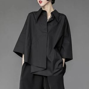 Y2K Kadın Şifon Siyah Gömlek Gotik Moda Sokak Giyim Gevşek Üstler Karanlık Akademik Düzensiz Günlük Üç Çeyrek Kadın Bluz 240229