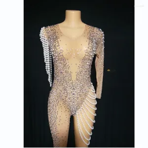 Palco desgaste ver através de macacões mulheres pérola strass gogo dançarino showgirl traje rave festival outfit roupas festa nightclub bodysuit