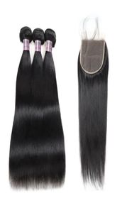 Ishow Длинные пучки человеческих волос 838 дюймов с кружевной застежкой 5x5 Прямые перуанские наращивания для женщин Натуральный черный5199143