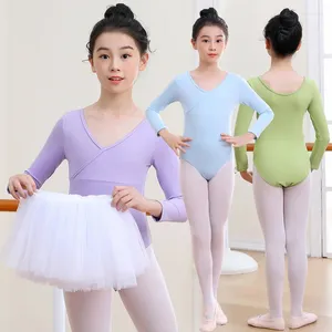 Сценическая одежда, детский балетный трико для девочек с тюлевой юбкой-пачкой, танцевальные костюмы с длинными рукавами, нейлоновая одежда для девочек с v-образным вырезом, корейская одежда