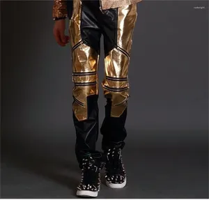 Sahne Giyim Gece Kulübü Bar Şarkıcı Altın Siyah Erkek Pantolon Deri Pantolon Dans Jazz Performans Kostüm