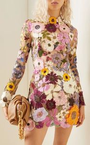 Lässige Kleider 2024 Frühlingsparty Damen 3D-Blumen-Spitze-Stickerei-Cocktailkleid Eleganter Luxus-Minirock Offener Rucksack Hüfte Langarm