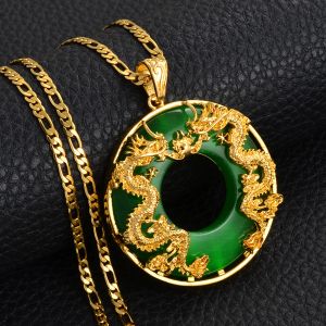 Благоприятный дракон, 14-каратное золото, кулон, ожерелье, женское и мужское ювелирное изделие в китайском стиле, натуральный зеленый нефрит, удачи, счастья