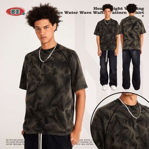 Aşınma | 2024 İlkbahar/Yaz Su Dalgası Deseni Yıkanmış ve Yıpranmış Raglan Wafflegue T-Shirt Gevşek Moda Markası Kısa Kollu Erkekler