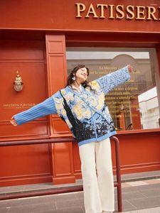 Женские свитера во французском стиле Ван Гога, Звездная ночь, цветок, море, весна и осень 2024, картина маслом, свитер с диагональными пуговицами, пальто