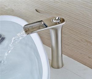 Torneiras de pia do banheiro bacia níquel latão cachoeira único furo torneira água fria e misturadora torneira2707116