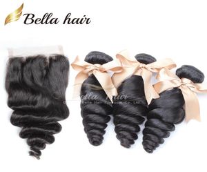 Bella Saç 8a Saç Paketleri Kapatma ile Brezilya Uzantıları Atkı Üst Dantel Siyah Gevşek Dalga Tam Head7507718