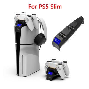 PS5 Slim Dual Controller için Tespitler PS5SLIM HOST için LED Işık Oyunu Konsolu Üst Şarj İstasyonu ile Koltuk Şarj Dock İletişim