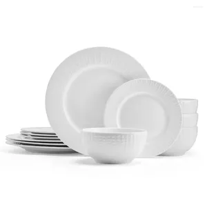 Тарелки Pfaltzgraff Cassie Набор столовой посуды из 12 предметов, тисненый фарфор, белая керамическая тарелка