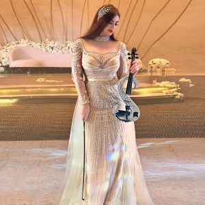 Elbiseler Sharon dedi ki Şampanya Denizkızı Dubai Gece Elbise Sıkıştırılabilir Overkirt Arapça Kadınlar Düğün Resmi Parti Önlükleri SS265