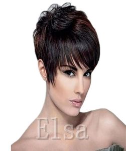 Перуанские короткие прямые парики из натуральных волос Remy, стрижка пикси для чернокожих женщин, боковая часть с челкой, черный цвет, без кружевного парика9323390