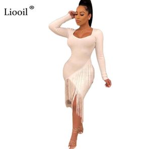 Lioil Black Beyaz Seksi Tassel Bodycon Midi Elbise Kadınlar 2019 Sonbahar Asimetrik Uzun Kollu Gece Kulübü Partisi Sıkı Takılı Elbiseler4255339