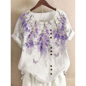 Blusa de material sintético botão flor camisa verão feminino casual manga curta pulôver branco topos confortável respirável shir