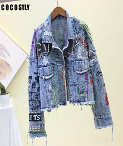 Sonbahar Kadın Sokak Giyim Graffiti Denim Ceket Kadın Kişilik Kısa Ham Kesim Perçin Ceket Saçak Jean Ceket Jaqueta Feminina T2006290053