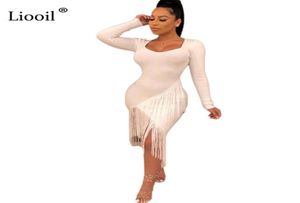 Lioil Black Beyaz Seksi Tassel Bodycon Midi Elbise Kadınlar 2019 Sonbahar Asimetrik Uzun Kollu Gece Kulübü Partisi Sıkı Takılı Elbiseler2901855