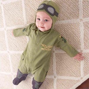 İlkbahar ve Sonbahar Yeni Bebek Pilot Askeri Yeşil Tulum ve Şapka Takım Yürümeye Başlayan Çocuk Erkek ve Kız Romper Playsuit G12182823014