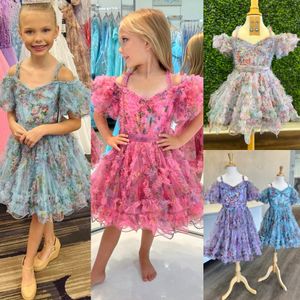 Конкурсное платье с цветочным принтом для девочек, 2024 г., с рюшами и воздушными рукавами, коктейльное платье на день рождения для маленьких детей, вечернее платье для малышей-подростков, крошечных молодых юниоров Miss Pink