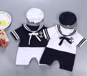Denizci yaka erkek bebek giysileri beyaz bebek lacivert şapka gövdeler çizgili denizci gömlek rahat çocuk deniz ağı akademisi yaz tulumları2602389