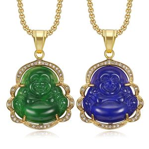 Hip Hop Vintage Jade Maitreya Buddha Titanyum Çelik Kolye Kolye 18K Gerçek Altın Kaplama Kadın Erkek Takı