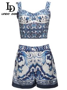 Комплекты LD LINDA DELLA Модельерский сине-белый фарфоровый комплект женский топ на молнии на подтяжках + шорты с карманами с принтом, комплект из 2 предметов