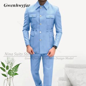 Костюмы GN Square Collar Africa Style Men Suits Gold Blone Blazer Pants 2023 Элегантный Sky Blue Business Formal Prom Tuxedos 2 фото