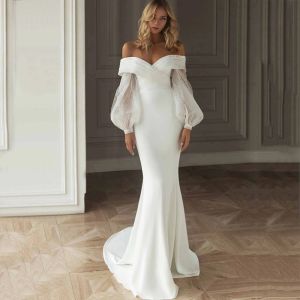 Elbise zarif seksi beyaz düğün partisi maxi elbise kapalı omuz puflu kol saten balık kuyruğu elbise düğün gelin topları elbise zemin elbise