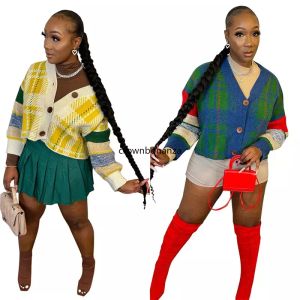2024 Tasarımcı Kadınlar Örme Sweater Bahar Uzun Kollu Örgü Haligan Üst Düzgün Gevşek Ekose Ceket Sokak Güzergahı Toplu Toptan Kıyafetler