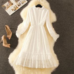 Vestido branco com forro de lã vestido longo de renda para mulheres 2020 primavera e outono vestido feminino vestidos de mujer femme robe