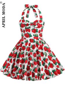 Elbise çilek kırmızı baskı yular gündelik vintage elbise küçük kız askısız kawaii kokteyl prenses midi pist çocuk elbise