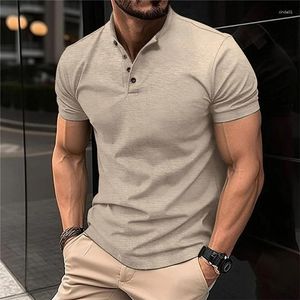 T-shirt da uomo Polo estiva T-shirt sportive con colletto Henry vintage T-shirt tinta unita a maniche corte con bottoni Streetwear Top slim