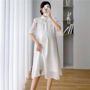 Elbiseler Gebe kadınlar Çin tarzı kıyafetler tatlı peter pan yaka kısa kollu annelik şifon elbise beyaz hamilelik gelinlik
