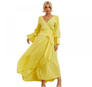 Vestidos casuais amarelo para mulheres 2022 linda manga longa vestido sem costas mulher elegante senhoras verão floral7891025