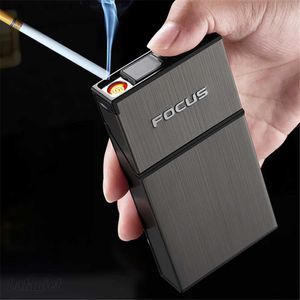 Зажигалки Fine Smoke Портсигар 20 шт. Емкость ультратонкий мундштук с USB-зарядкой Легкая металлическая коробка для сигар мужской подарок Q240305