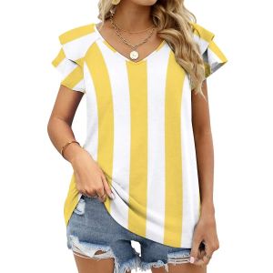 T-Shirts Parlak Soleil Sarı ve Beyaz Dikey Cabana Stripes Lotus Yaprak Boyun Tshirt Uzun Kollu Kadın Tişörtü Zarif Moda Üstleri