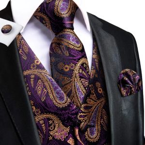 Yelekler mor altın ipek erkek yelek kravat seti jacquard paisley kolsuz ceket takım elbise yelek kravat hanky cufflinks düğün iş