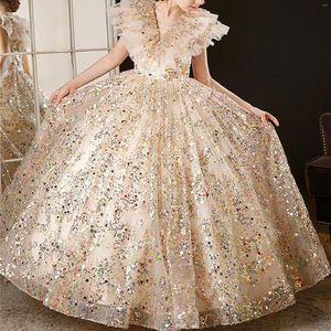 Kız elbise bling pullu çocuk doğum günü partisi kutlama pageant elbise prenses balo elbiseleri fırfır
