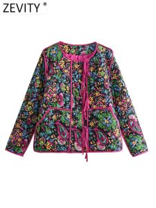 Parkas Zevity Yeni Kadınlar Vintage Kaju Fıstığı Çiçek Baskı Dantel Yukarı Pamuk Kapitone Ceket Kadın Şık Rahat Retro Kimono Üstler CT5561