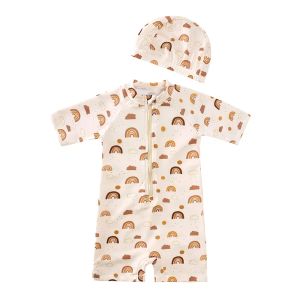 Mayo 2024 Yeni Yaz 16 Yüz Bebek Kız Kız Karikatür Baskı Mayo Çocuk Plaj Giyim Set Çocuk Mayo+Hat Bebek One Piece Mayo