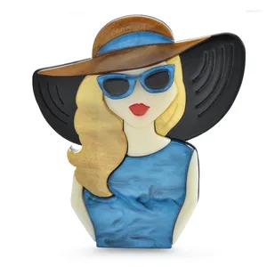Broches wulibaby acrílico linda senhora para mulheres 3 cores usar óculos chapéu moderno menina figura festa escritório broche pinos presentes