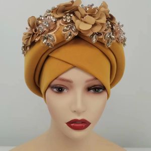 Frisado Nigéria Gele Pronto Africano Headtie Feminino Head Wraps Party Headpiece Muçulmano Lenço Chapéu Womens Turban Cap com Pedras 240301