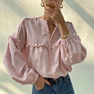 Gömlek tatlı french tarzı yakası kenar patchwork tasarım bluz kadınlar bahar yaz yeni bayanlar sevimli moda rahat gömlek ucuz toptan satış