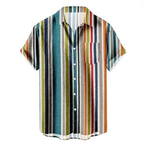 Camisas masculinas listradas verão manga curta ajuste regular botão impressão camisa social vestido beachwear moda topos