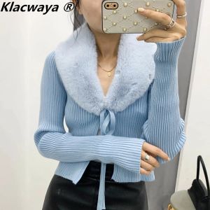 Hırkalar Klacwaya Kadınlar için hırka 2021 Vintage sahte kürk efekt Kürk yakalı sweater uzun kollu üst mavi kazak örgü hırka