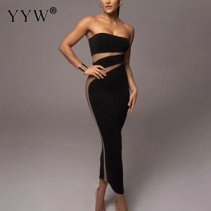Elbise Seksi Straplez Elbise Kadınlar İçin 2023 Yaz Dans Partileri Hollowout Uzun Elbise Kulüp Giyim Siyah Elbise Resmi Fırsat Elbiseleri